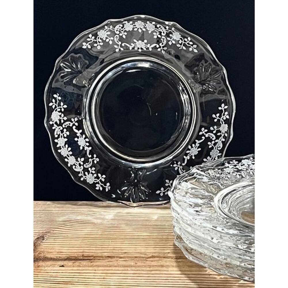 Fostoria Baroque Shape Luncheon Plate Meadow Rose Clear Etched Glass Plates (6)